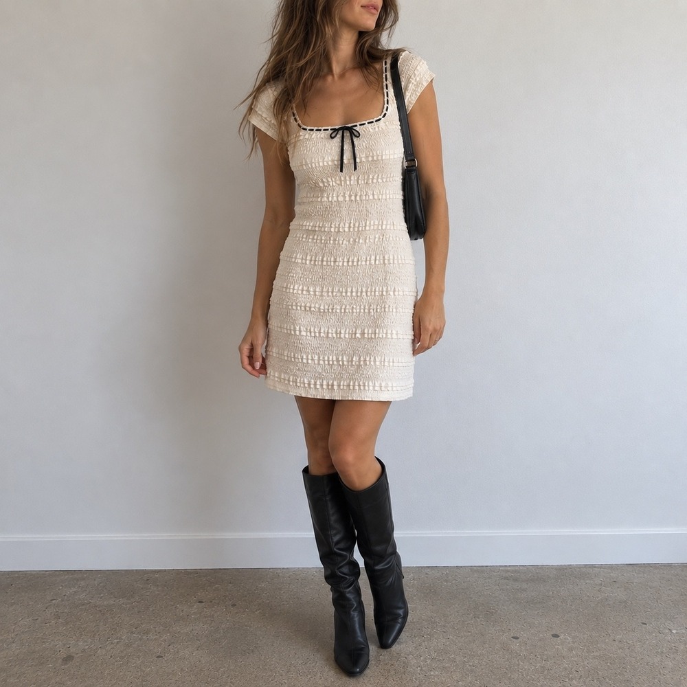 Madden NYC Cream Smocked Mini Dress XS Square Neck Bow Ruffle Coquette Cottage
